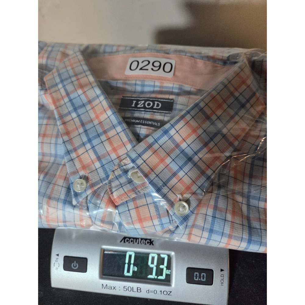 IZOD Button Down Shirt L Blue Peach Mens Plaid Premium Essentials Long Sleeve - Picture 10 of 10